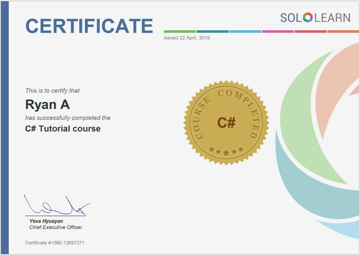 A sample of SolLearn certificate of completion