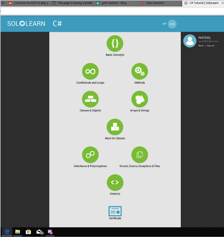 A progress chart for the C# course on SoloLearn