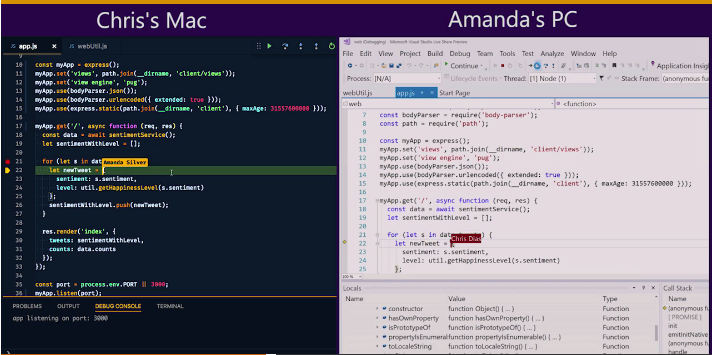 Sample of a live share session in Visual Studio