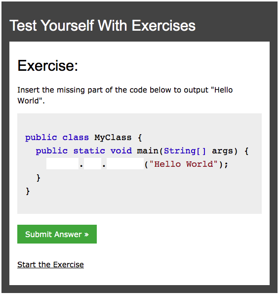 Example of a test exercise in the Java Tutorial